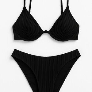 Ribbed Black Triangle Bikini Set — L (Underwire Push-Up, High-Cut Cheeky) 🖤